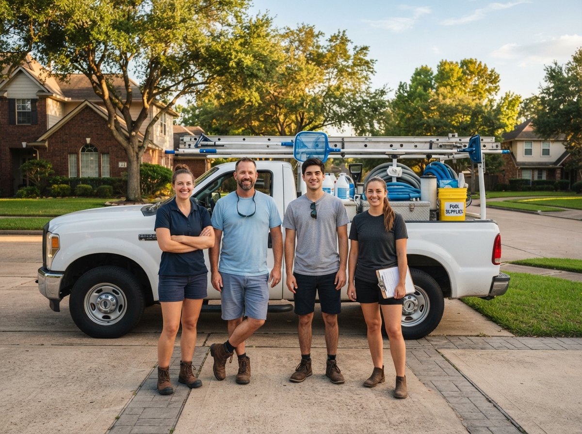 Pool Pros construction and service team standing beside a finished backyard pool