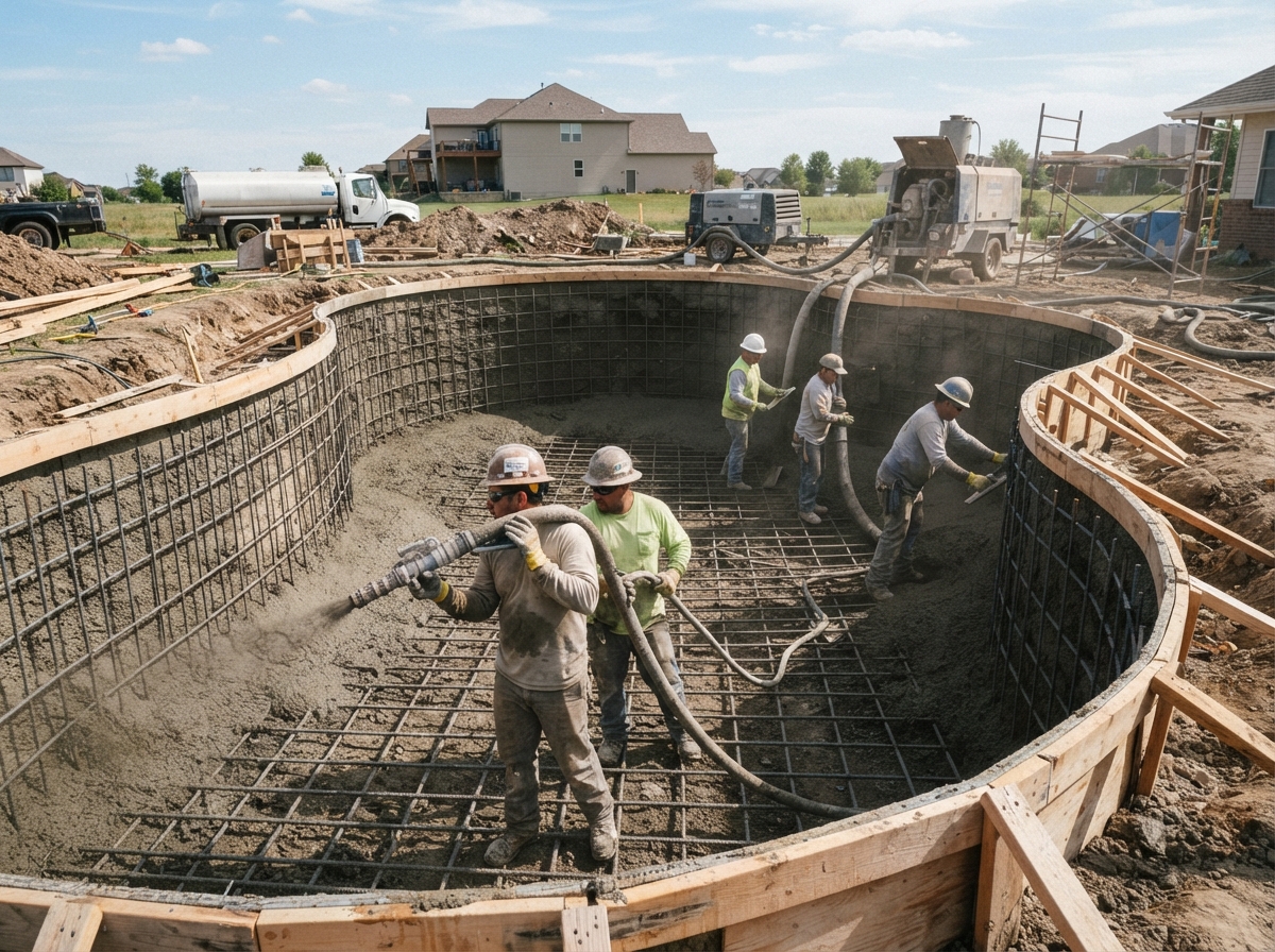 Gunite pool under construction with rebar and shotcrete shell in a Little Rock backyard