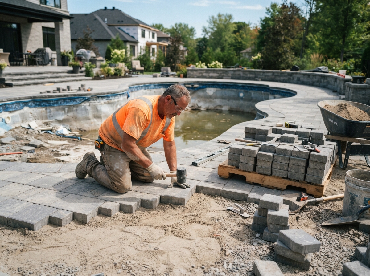 Resurfaced pool deck with new pavers during a renovation project