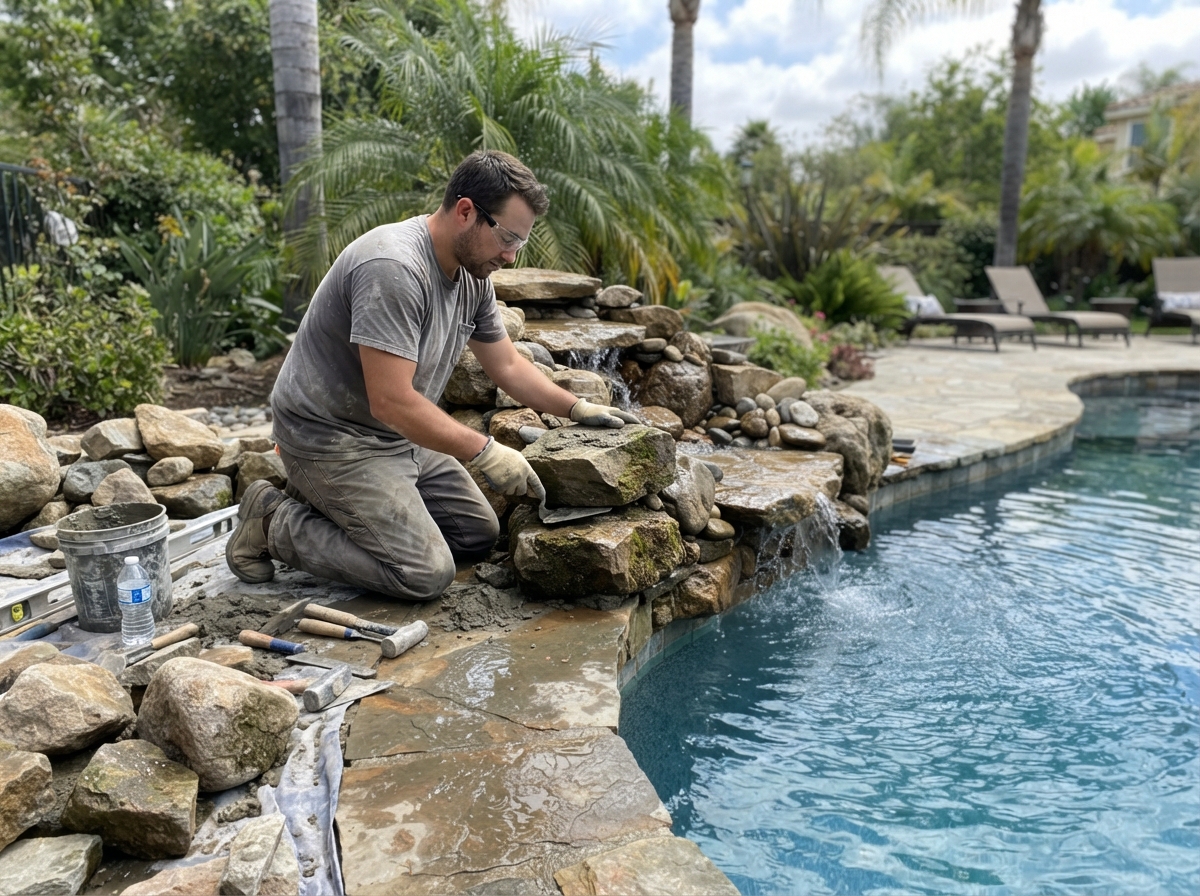 Backyard pool with a stacked-stone waterfall water feature and LED lighting